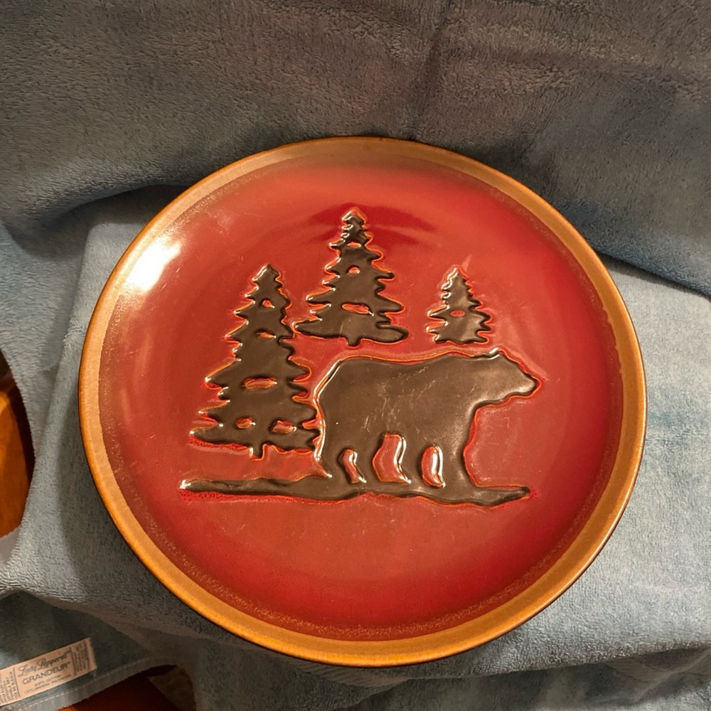 Red and Brown Woodland Bear Dinnerware Plate 11”